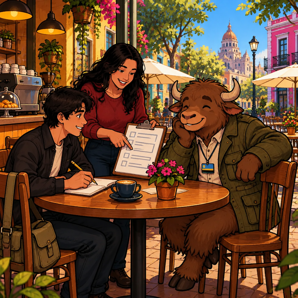 At an outdoor café table, Alex teaches Justin how to organize a small delivery form while Yako watches attentively from his two chairs.