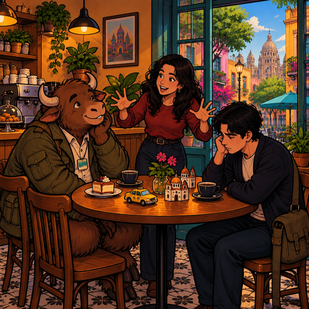 A young woman talks with big gestures at a café table while a yak listens from two chairs and a man stares into a cold cup of coffee.