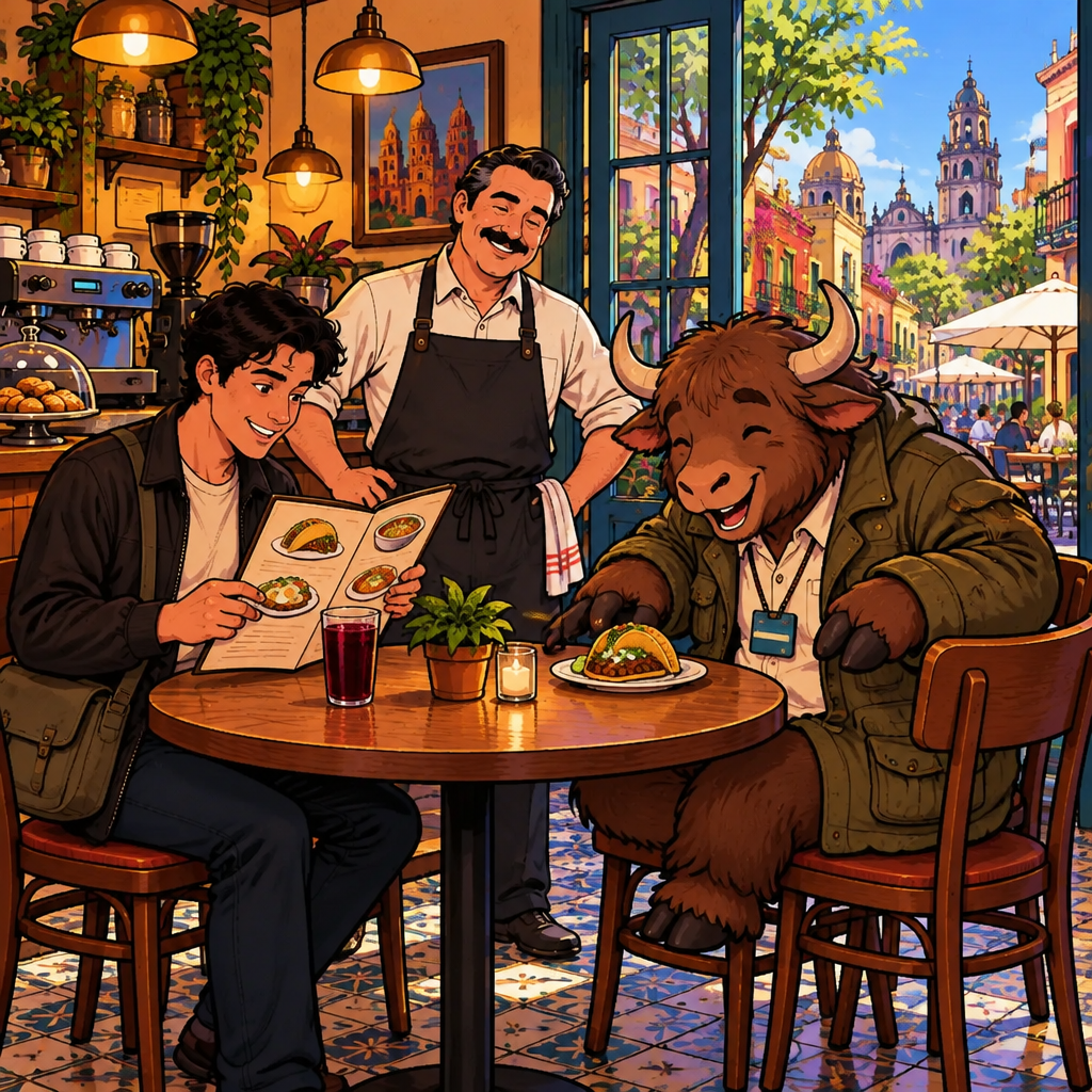 Justin studies a picture menu while Michael waits beside the table and Yako eagerly eyes a small plate of tacos.