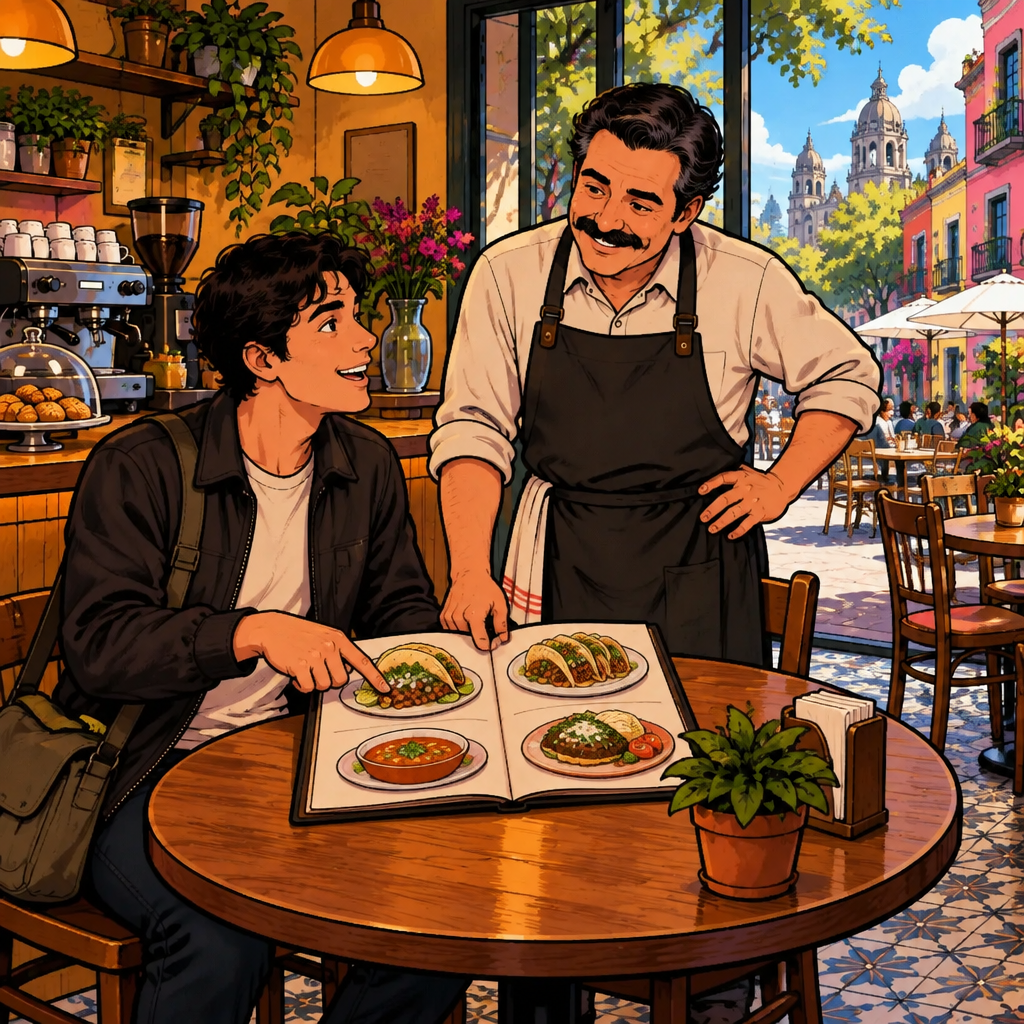 Justin begins his order by pointing to a food illustration on the menu while speaking to Michael.