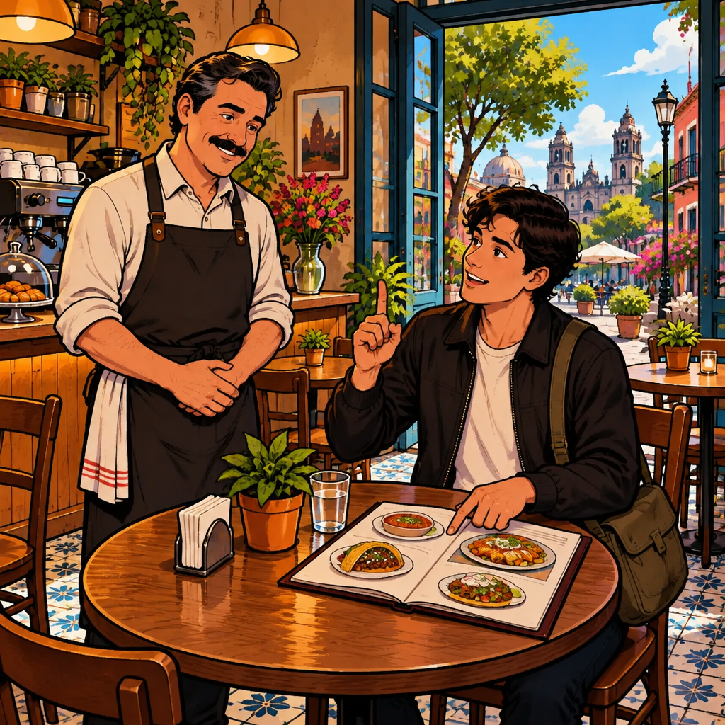 Justin holds up one finger and points toward a taco illustration as he politely requests one taco.