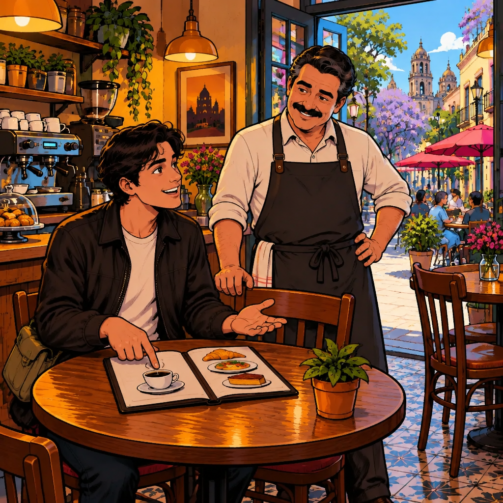Justin points to a coffee illustration and makes an open-handed request while Michael listens.