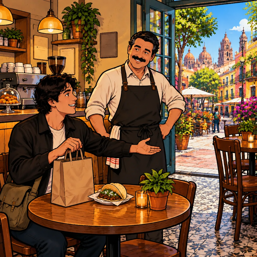 Justin requests his food to go by gesturing toward a plain takeaway bag and wrapped taco.