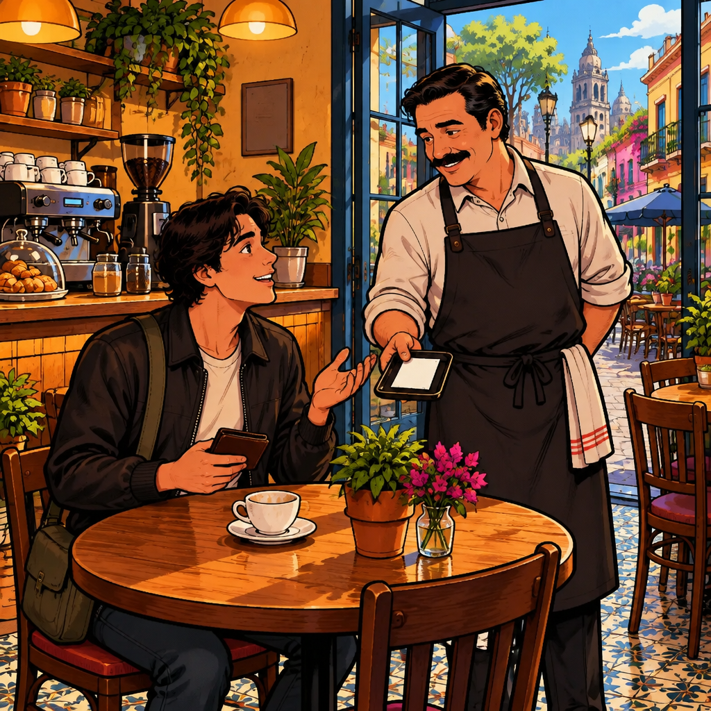 With his coffee cup empty, Justin politely asks Michael for the check as Michael offers a blank bill slip.