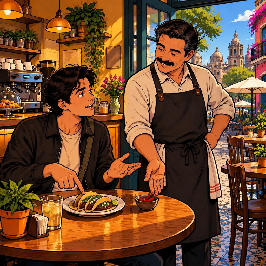 Justin points at a taco and nearby chili peppers while asking Michael whether the food is spicy.