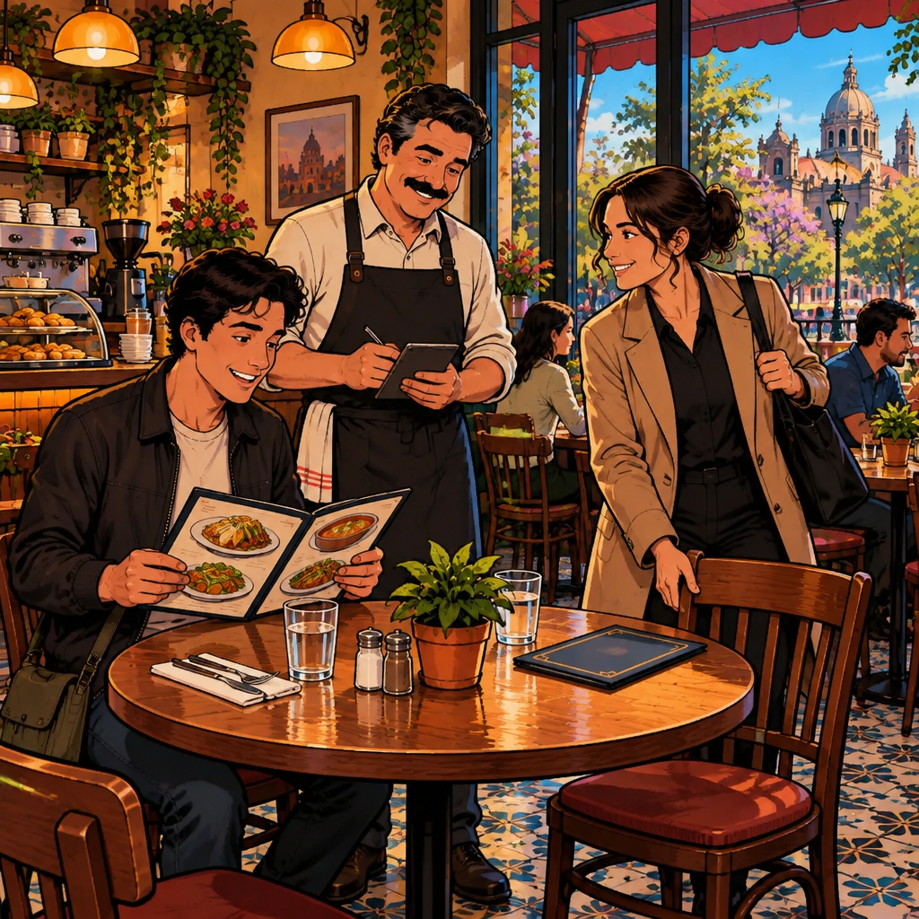 Michael waits beside Justin’s table while Justin studies an open menu and Amanda arrives to take a seat during her work break.