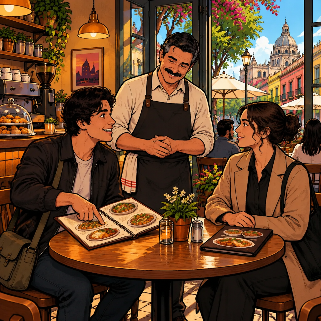 Justin politely orders by pointing to a food picture on his menu while Michael listens and Amanda waits with her menu closed.