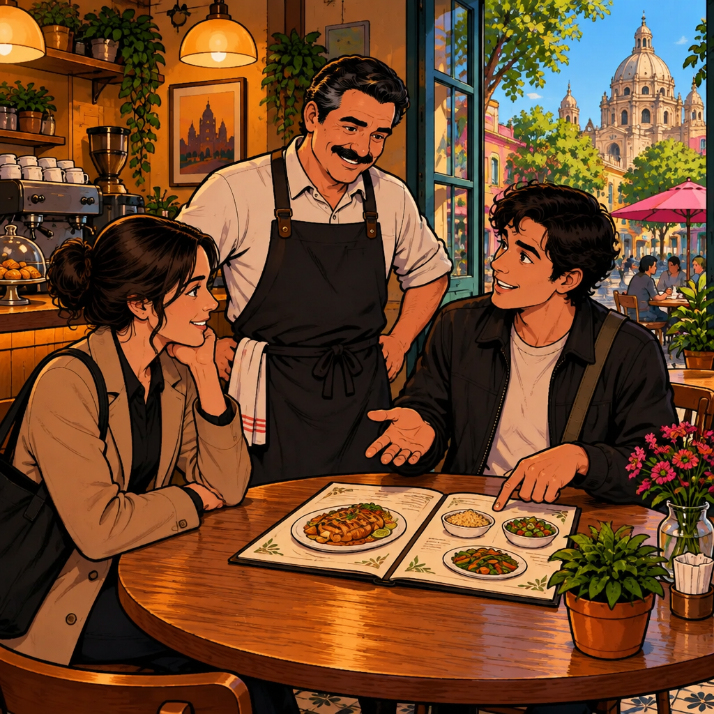 Justin asks what accompanies the main dish, pointing between its menu picture and the pictured side dishes.