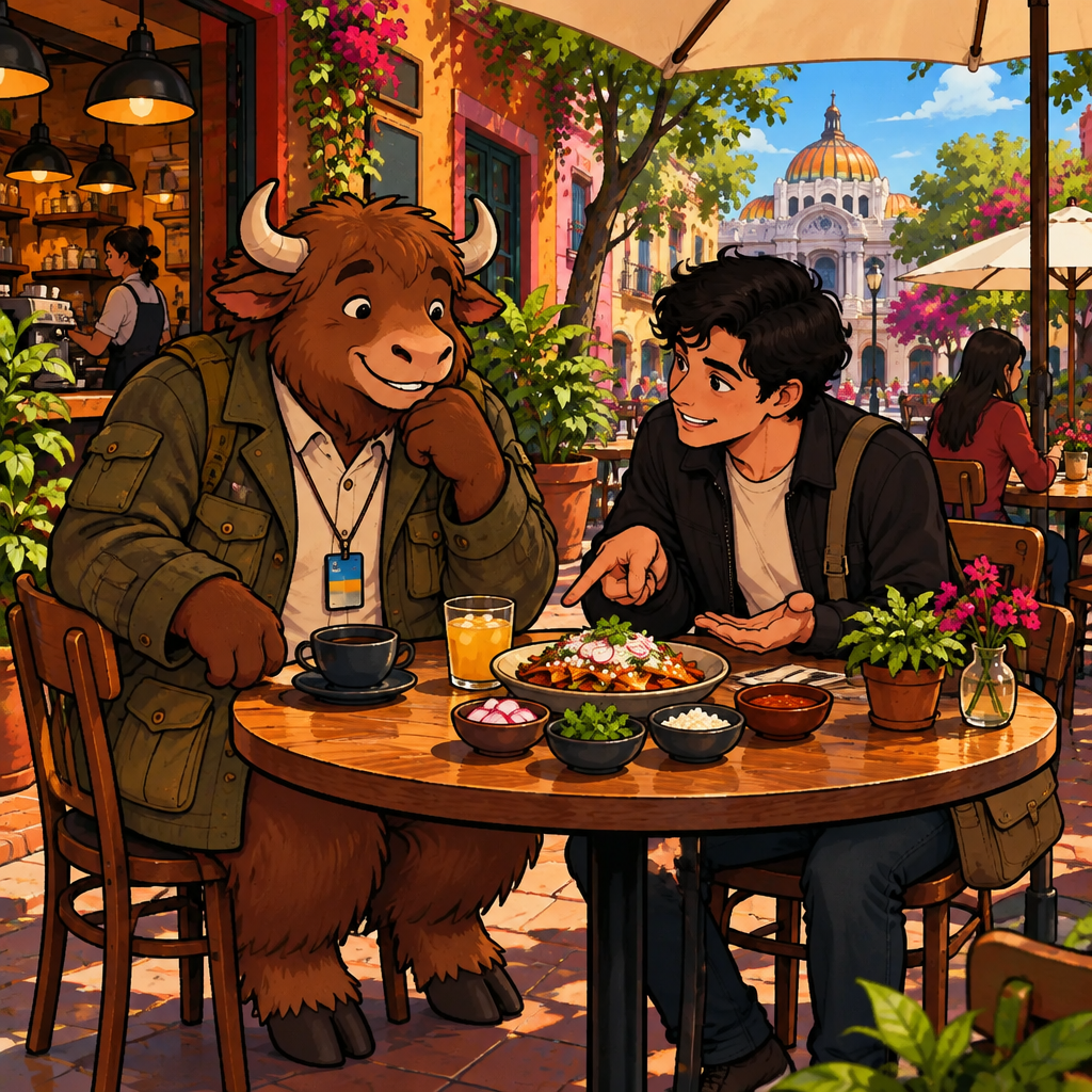 Justin points inquisitively at the empty dish they ordered while Yako listens beside him.