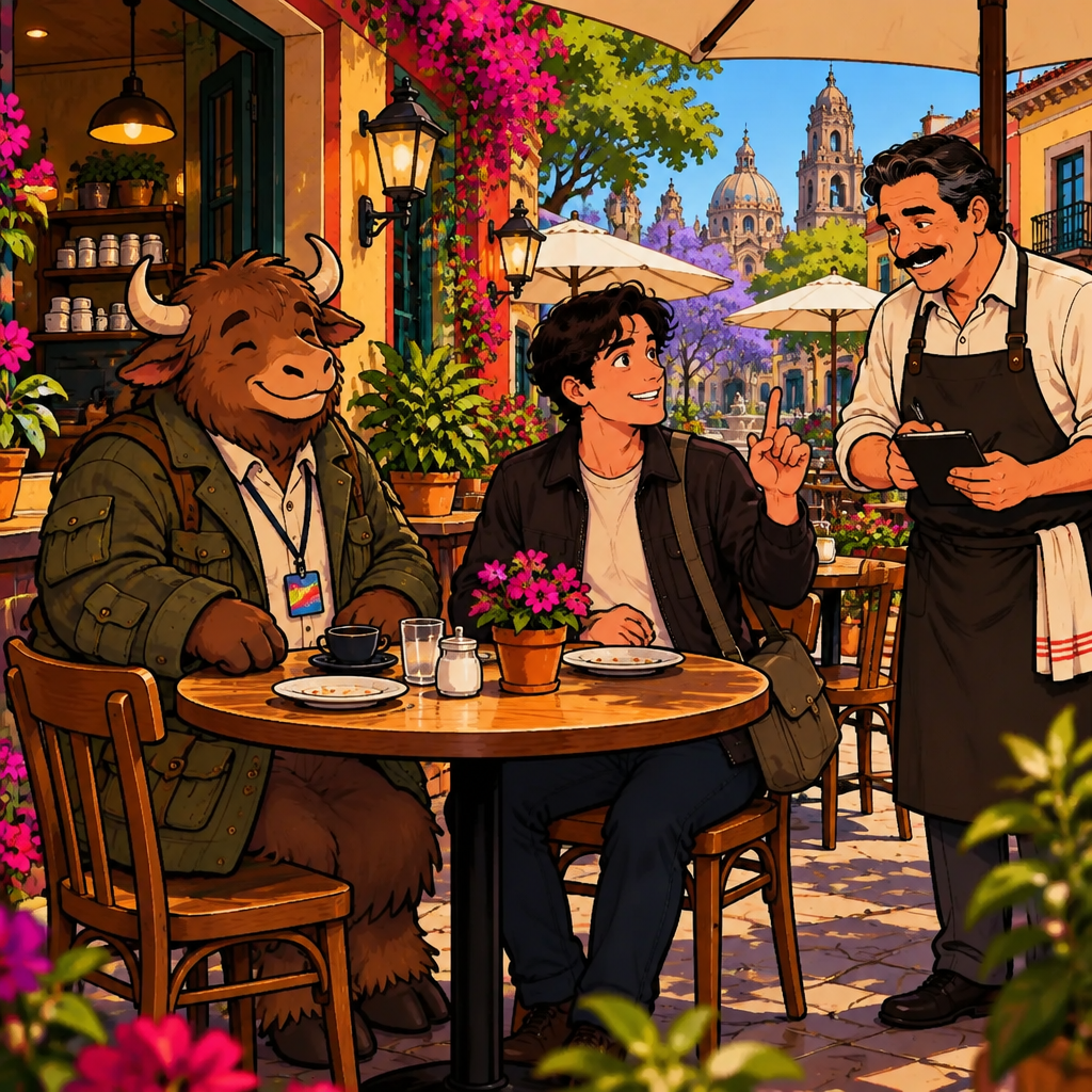Justin raises his hand politely toward Michael to request the check while Yako waits at the table.