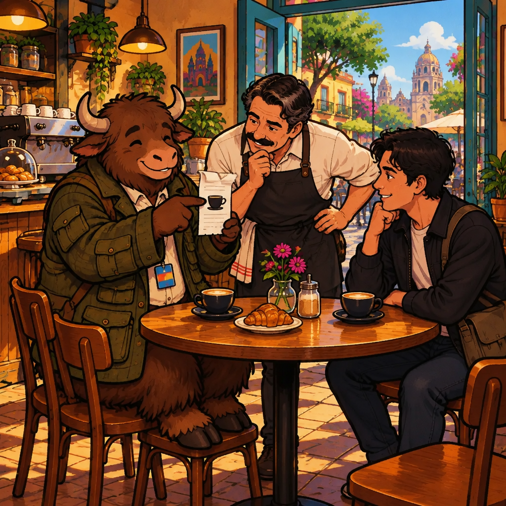 Yako politely points to the bill and indicates that the total is wrong while Michael and Justin examine it.