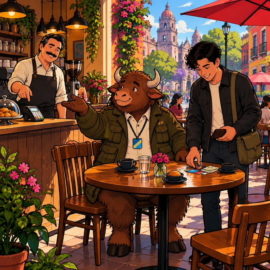 Yako gestures toward the café counter and asks where he should pay while Michael indicates the payment area.