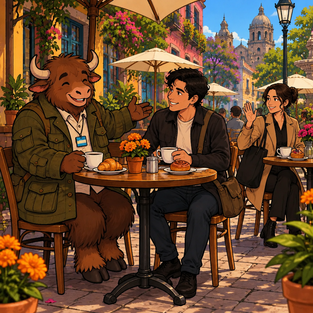 At Café Laurel, Yako chats with Justin while Amanda sits nearby, suggesting they may share local connections.