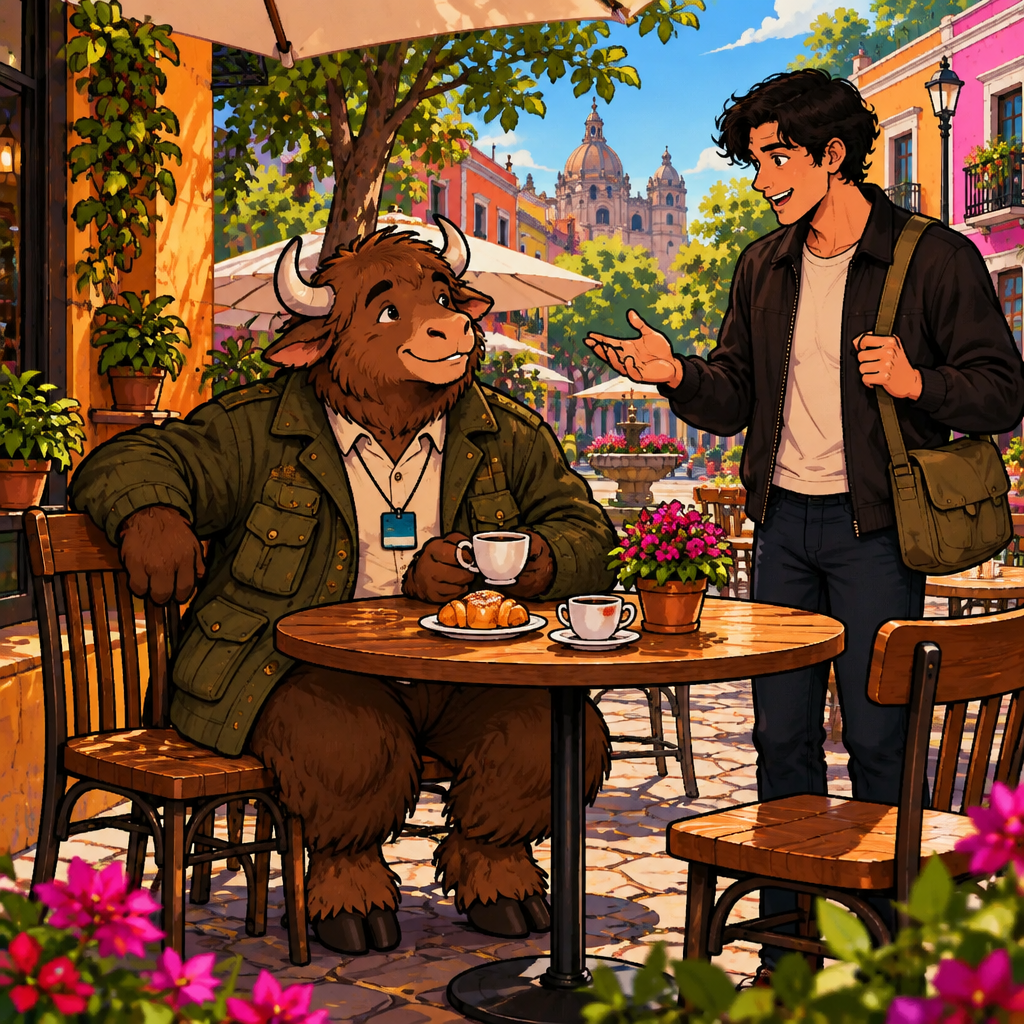Justin asks Yako what brought him to the café, with Justin clearly taking the speaking turn.