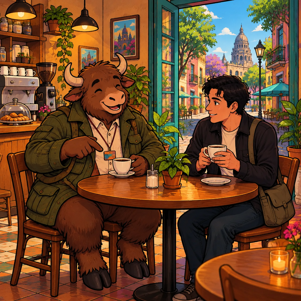 Yako explains that he is at the café for coffee while Justin listens.