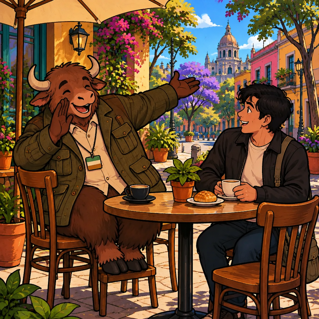 Yako asks Justin whether he lives nearby, turning toward him with a curious gesture.