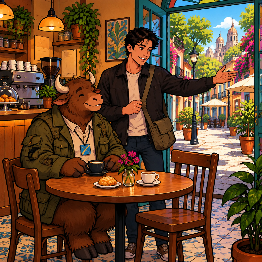 Justin asks Yako if this is his first visit, pointing gently toward the café entrance.