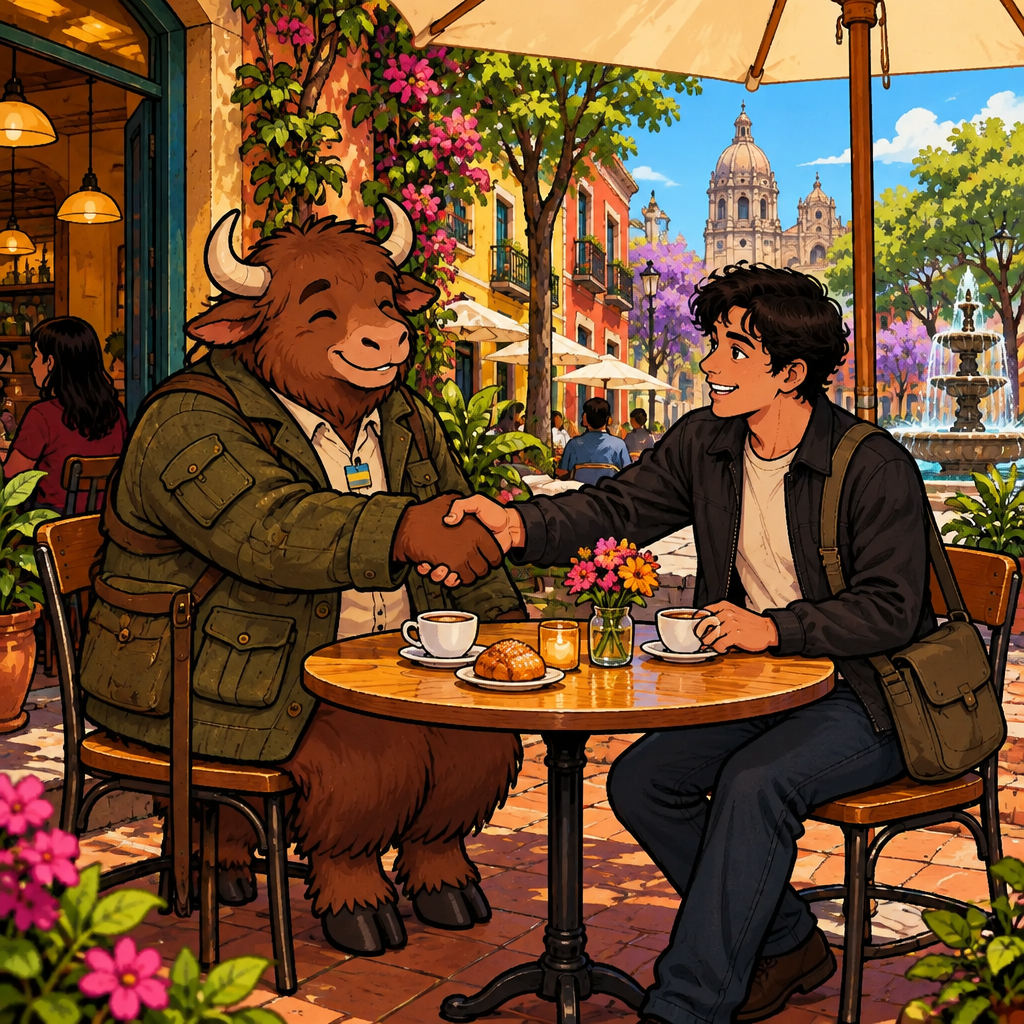Justin invites Yako to keep in contact by offering a friendly handshake across the café table.