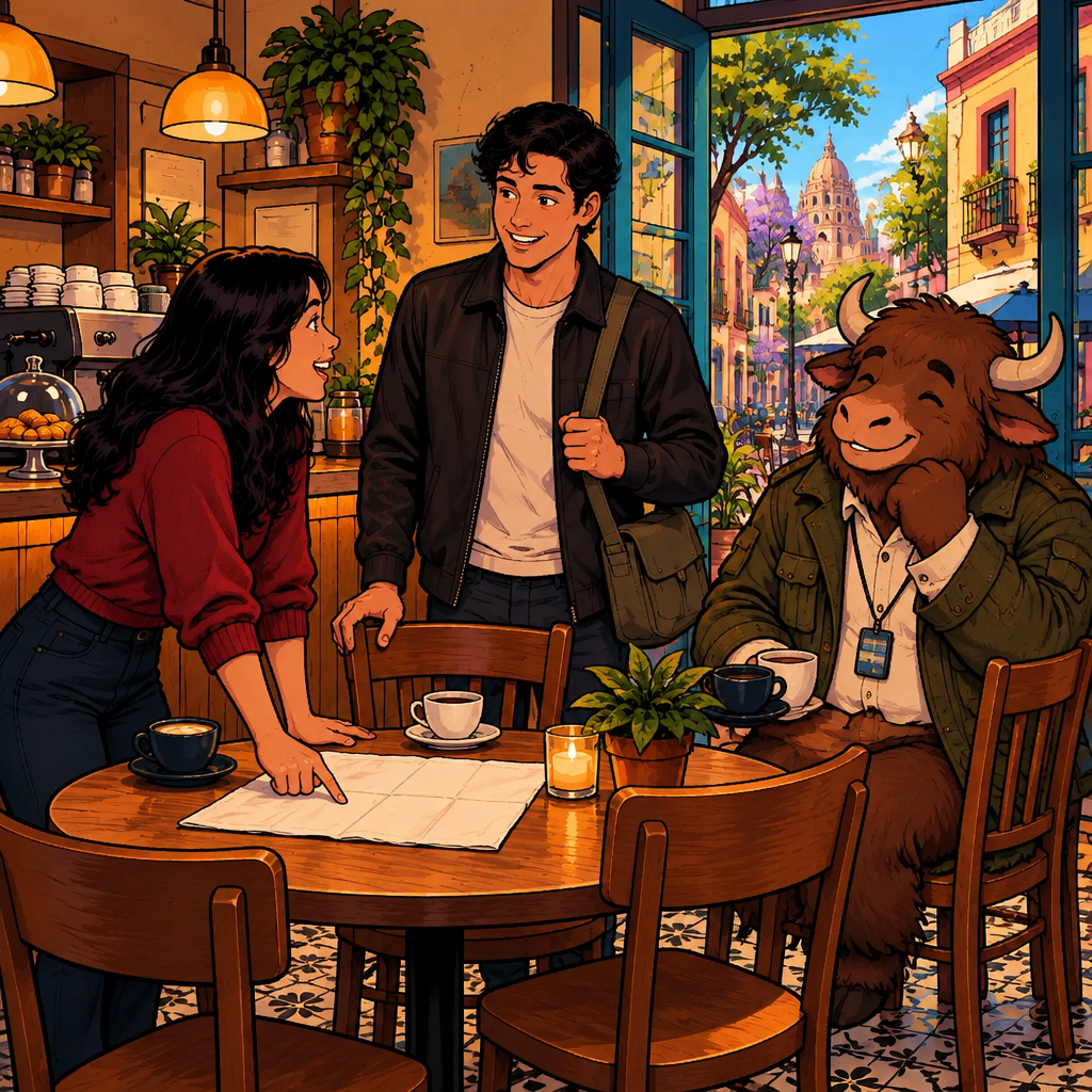 Megan catches Justin at Café Laurel, and they begin planning coffee on a napkin while Yako watches.