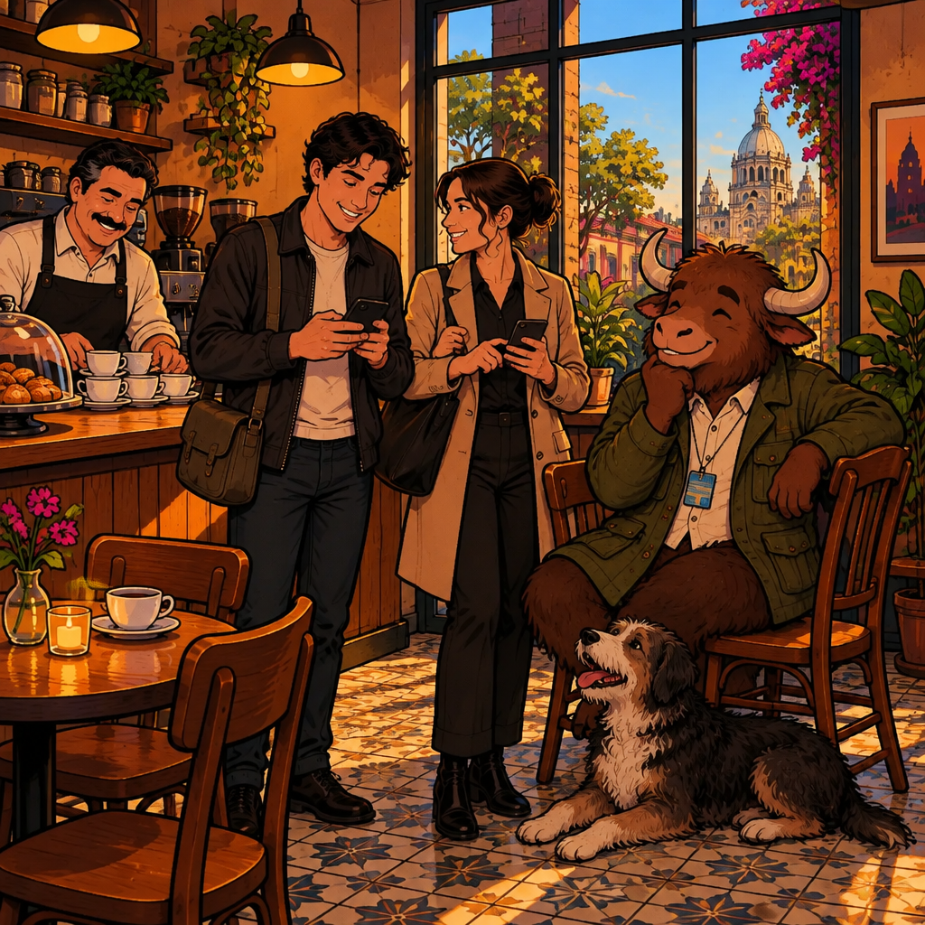 Amanda and Justin text and chat near the counter of Café Laurel while Michael sets out clean cups and a shaggy dog listens nearby.