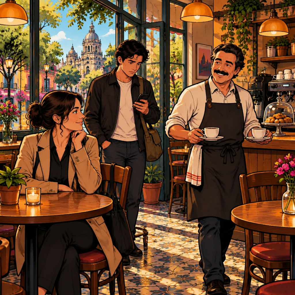 At Café Laurel, Amanda has arrived with coffee while Michael moves two cups toward a quieter table and Justin checks his phone after noticing an unexpected problem.