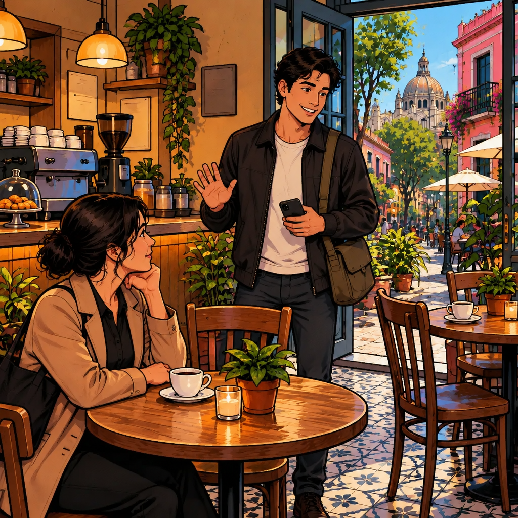 Justin stands near the café entrance holding his phone and apologetically gestures that he cannot make it, while Amanda looks toward him from her table.