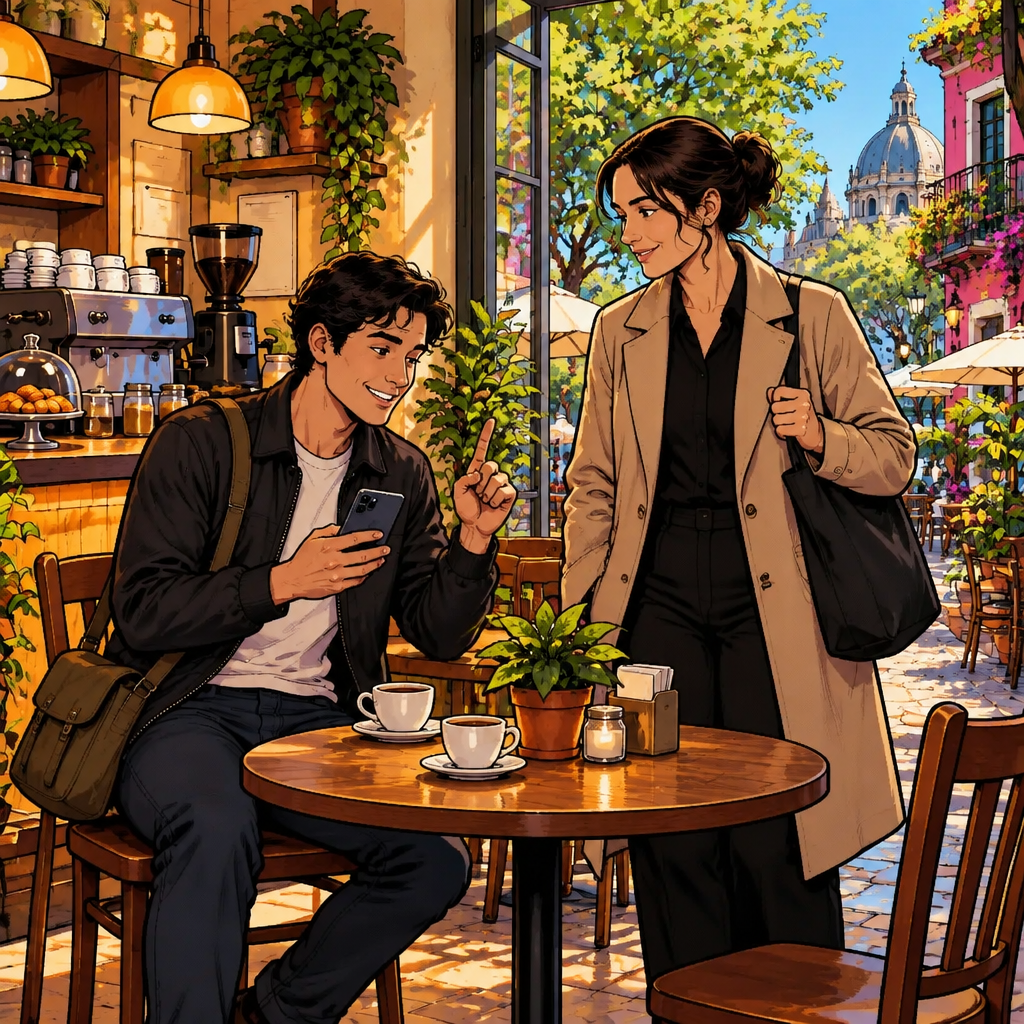 Justin tilts his phone toward himself and makes a small explaining gesture to Amanda, showing that something unexpected came up.