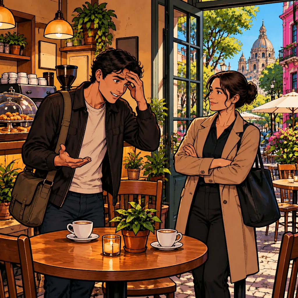 Justin leans beside the table with one hand pressed to his forehead and explains that his plans have become complicated, while Amanda listens.