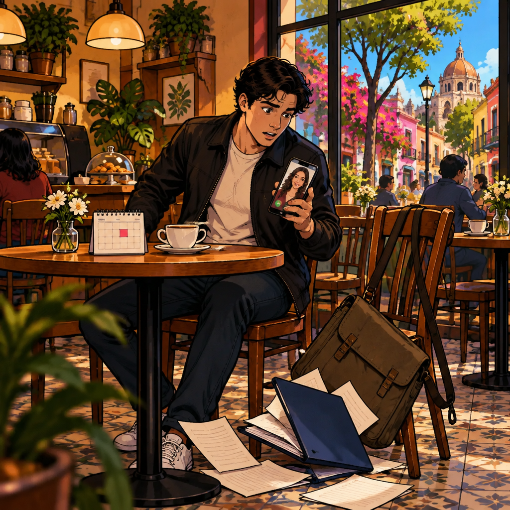 Justin sits at a café table, messaging Megan about keeping their meeting today but moving it later.
