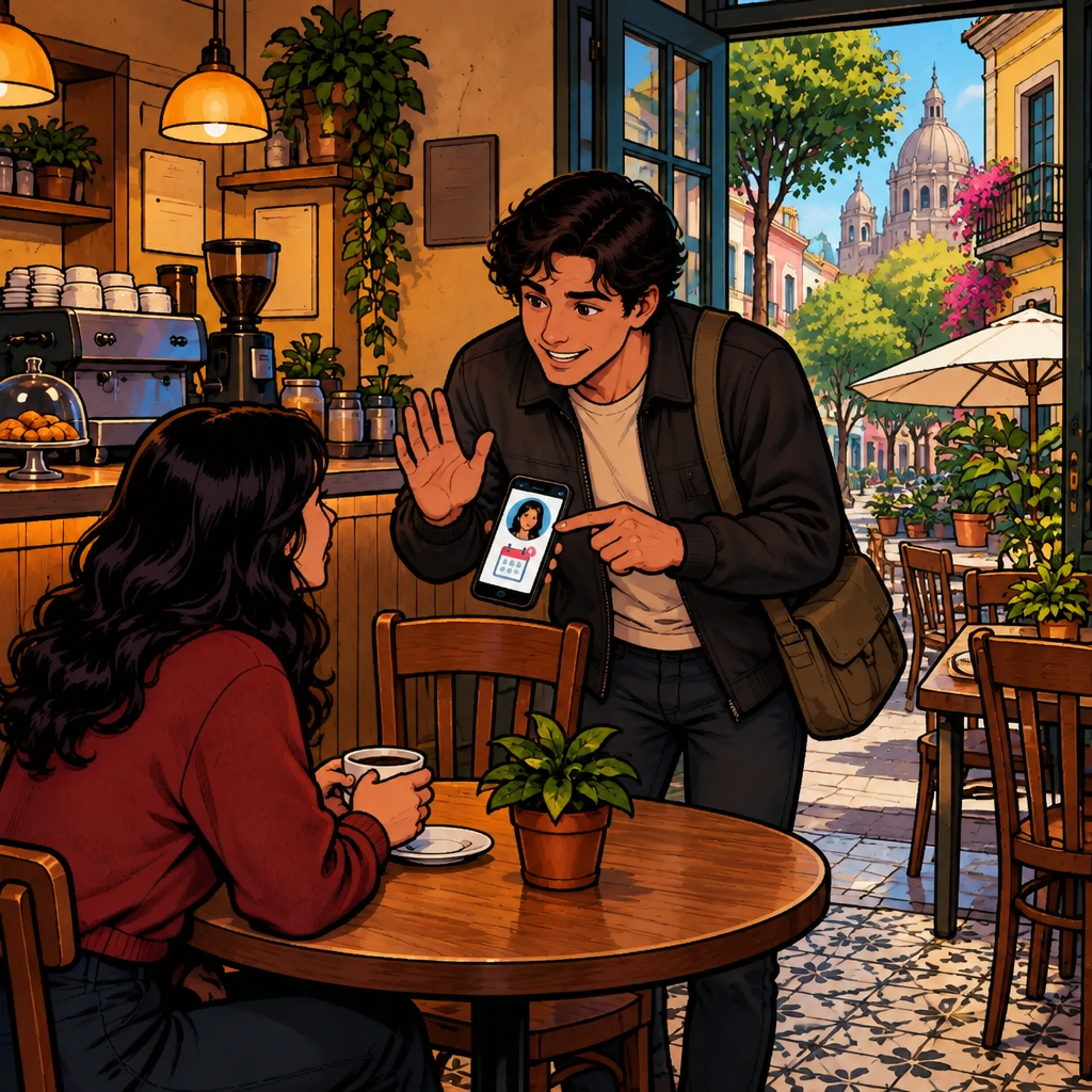 Justin raises one hand in an apologetic refusal while checking his phone, indicating that the original meeting time does not work for him.