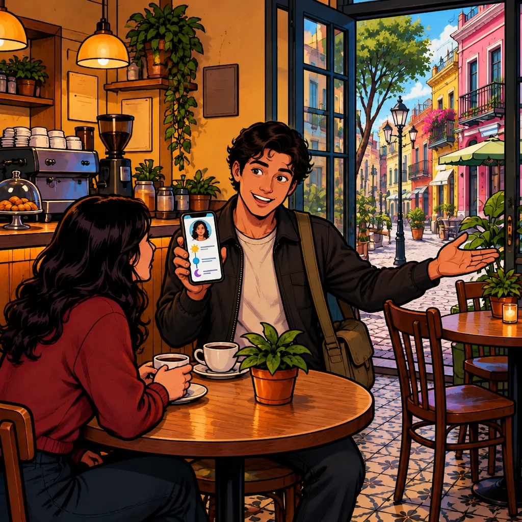 Justin gently gestures toward a later point on a simple blank timeline while asking Megan to meet later.