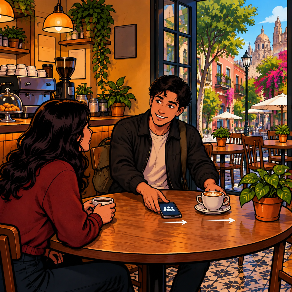 Justin slides a coffee cup and his phone slightly to the right, visually suggesting pushing the meeting back a little.