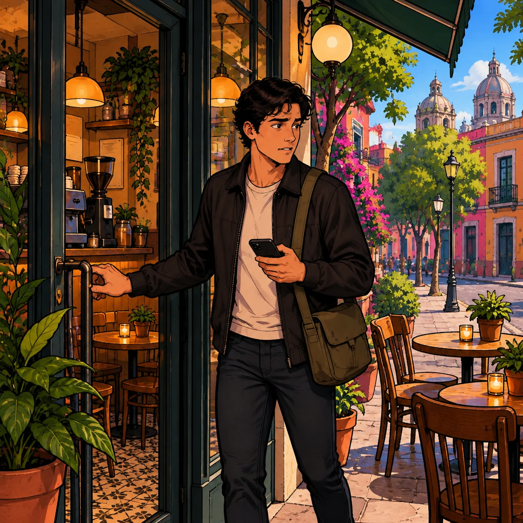 Justin hurries toward the café entrance while checking his phone, clearly suggesting he may arrive a little late.