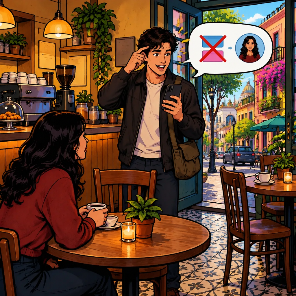 Justin taps his forehead in realization while looking at his phone, showing that he got the meeting time wrong.