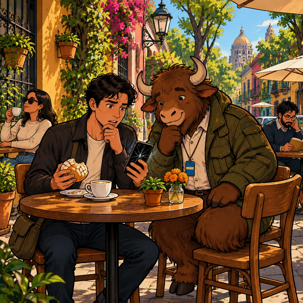 Justin sits at his usual Café Laurel table holding a flickering phone and a half-eaten concha while Yako watches from two chairs pushed together.