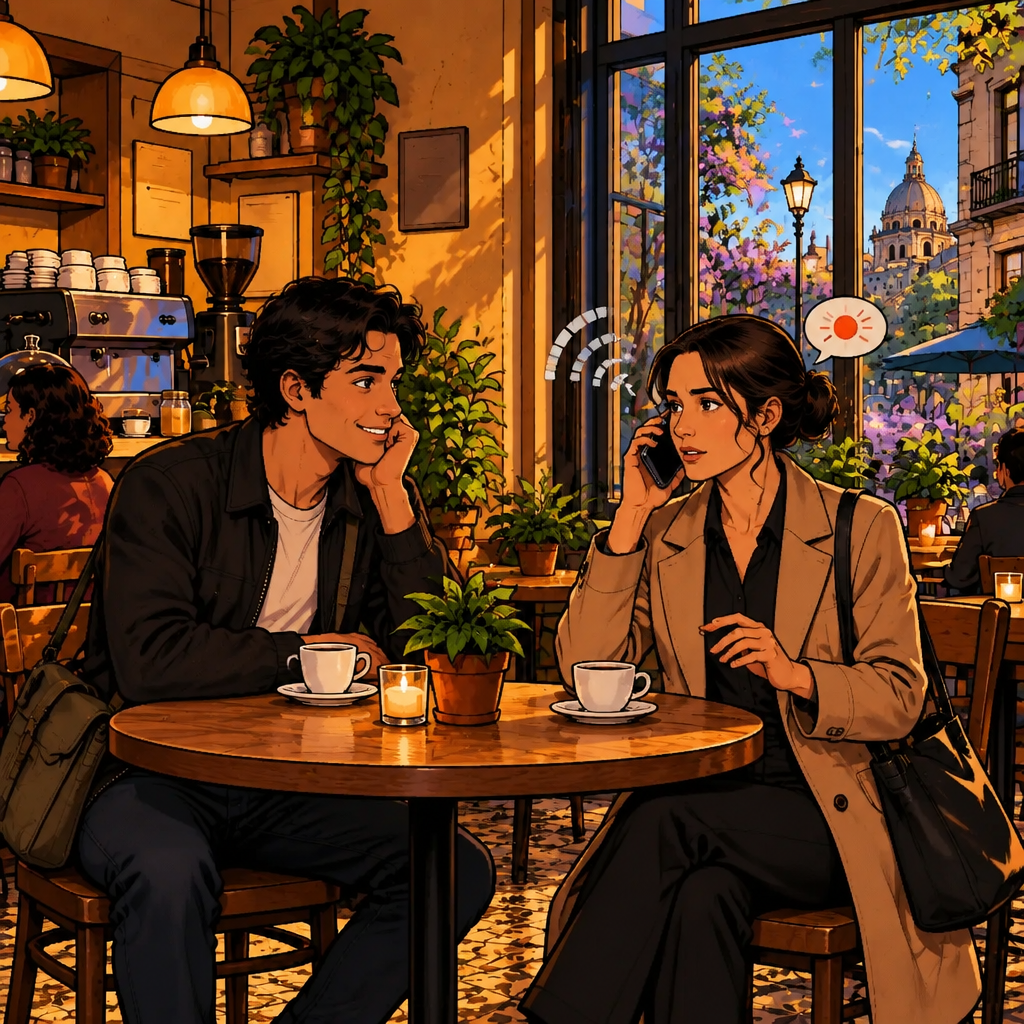 At Café Laurel, Justin sits at a table while Amanda calls him back from nearby, with a phone voicemail beep suggested by a tiny sound symbol and a visibly unstable connection.