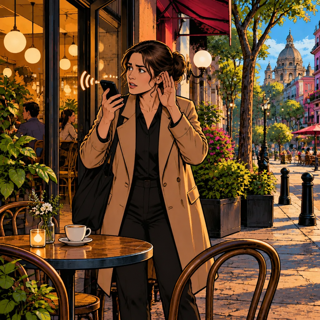 Amanda speaks into her phone with an urgent questioning expression, visibly asking whether the other person can hear her.