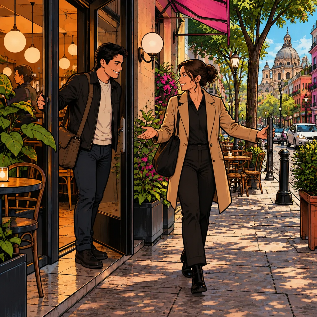 ¿Qué tal ___?: Amanda greets Justin at the café door with an open hand and a friendly, curious smile.