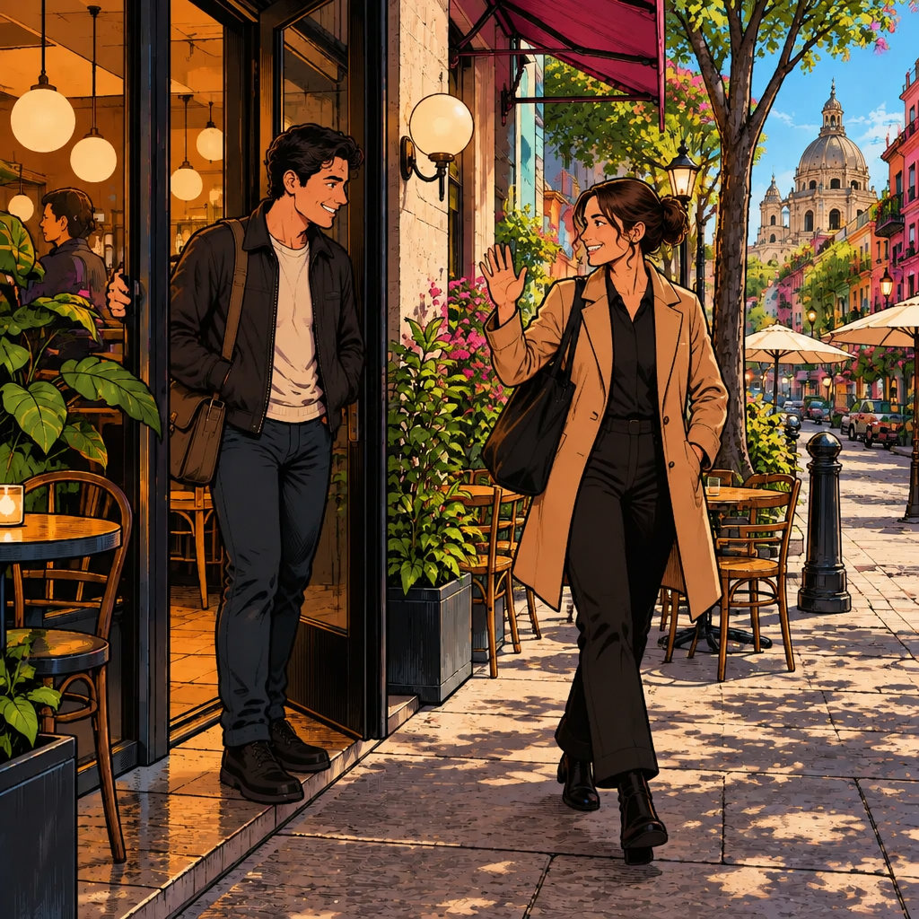 ¿Qué onda?: Amanda greets Justin casually with a relaxed wave, a head tilt and a grin at the café door.