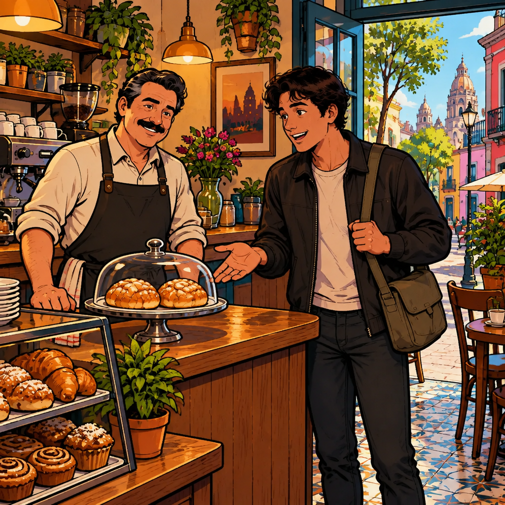 Justin gestures toward the two bread rolls and looks at Michael with a friendly questioning expression.
