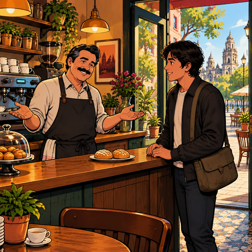 Michael gives a small relaxed shrug to show that either bread roll is fine while Justin listens.