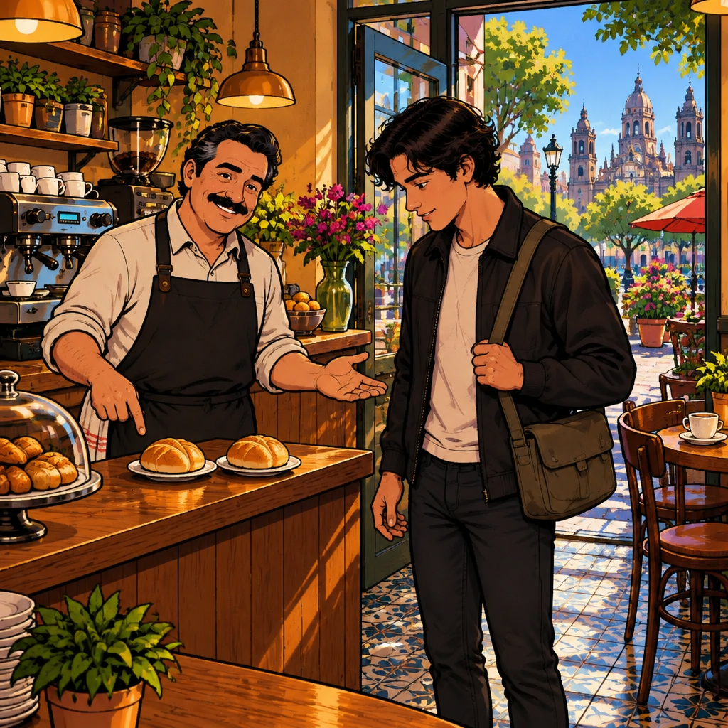 Michael invites Justin to choose by gesturing from the two bread rolls toward him.