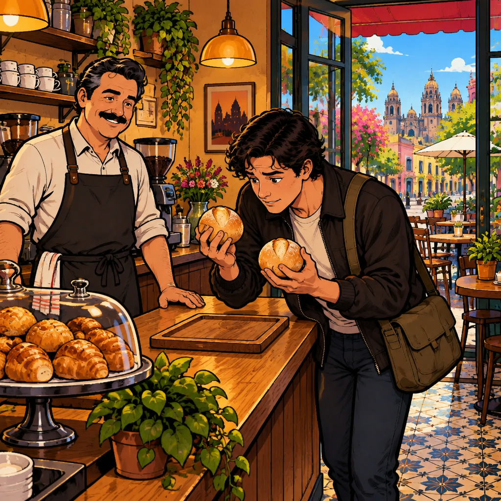 Justin leans closer to inspect the two nearly identical bread rolls while Michael waits.