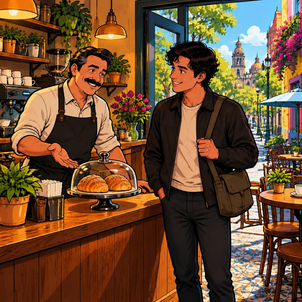 Michael looks to Justin with an expectant open-handed gesture while both bread rolls remain on the counter.