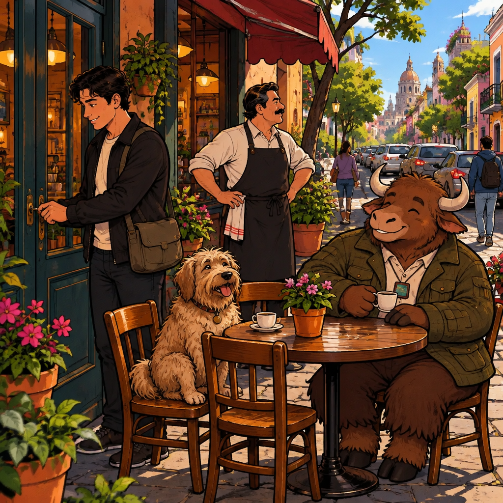 Justin stands outside Café Laurel watching slow traffic while Michael locks the front door, with Yako seated on two chairs beside the entrance.
