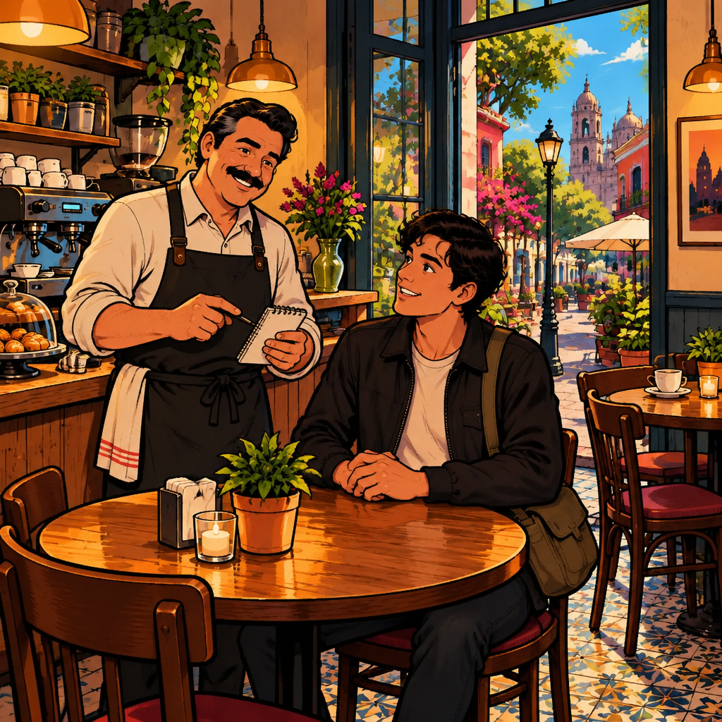 Michael stands beside Justin’s table, checking his coffee and bread order while Justin looks up attentively.
