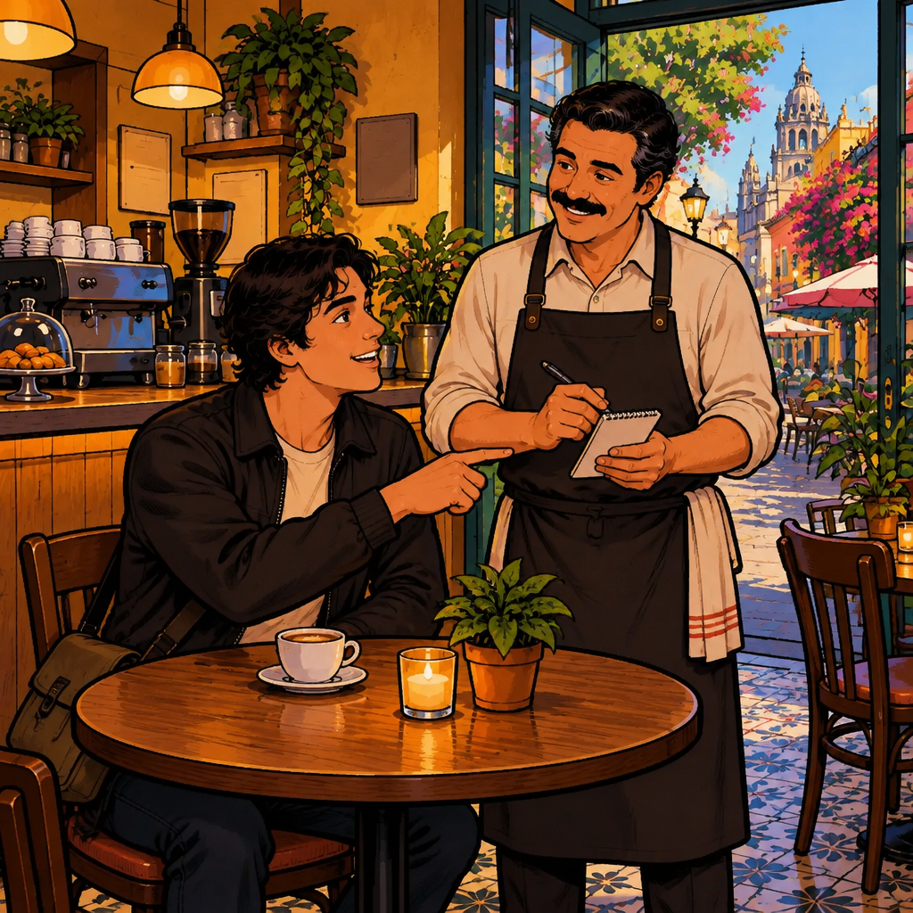 Justin points toward Michael’s order pad with an approving nod, confirming that the order is exactly right.