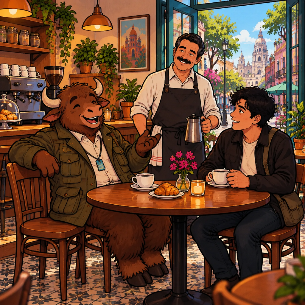 Yako says his agreement while settling back into his two chairs, clearly staying at the café rather than leaving.
