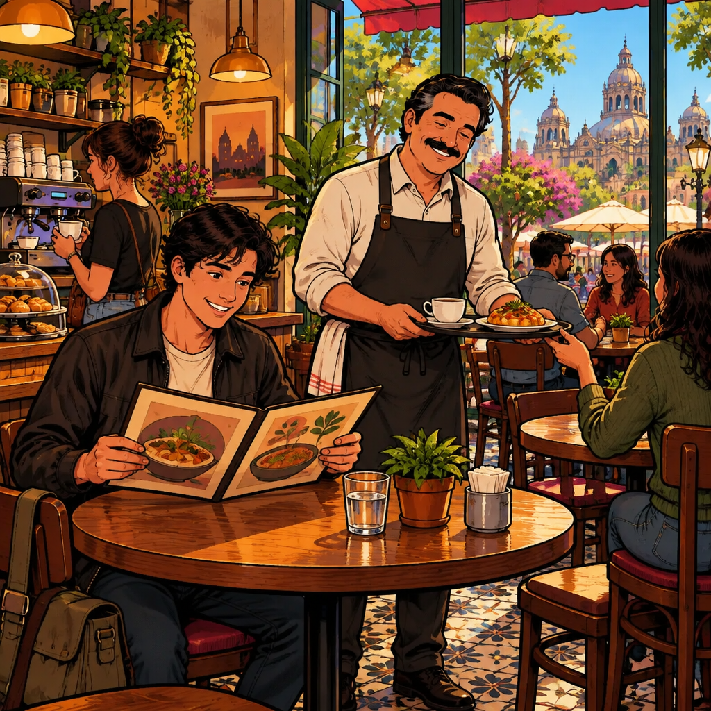 Michael carries another customer's order while Justin waits calmly at his table with a menu.