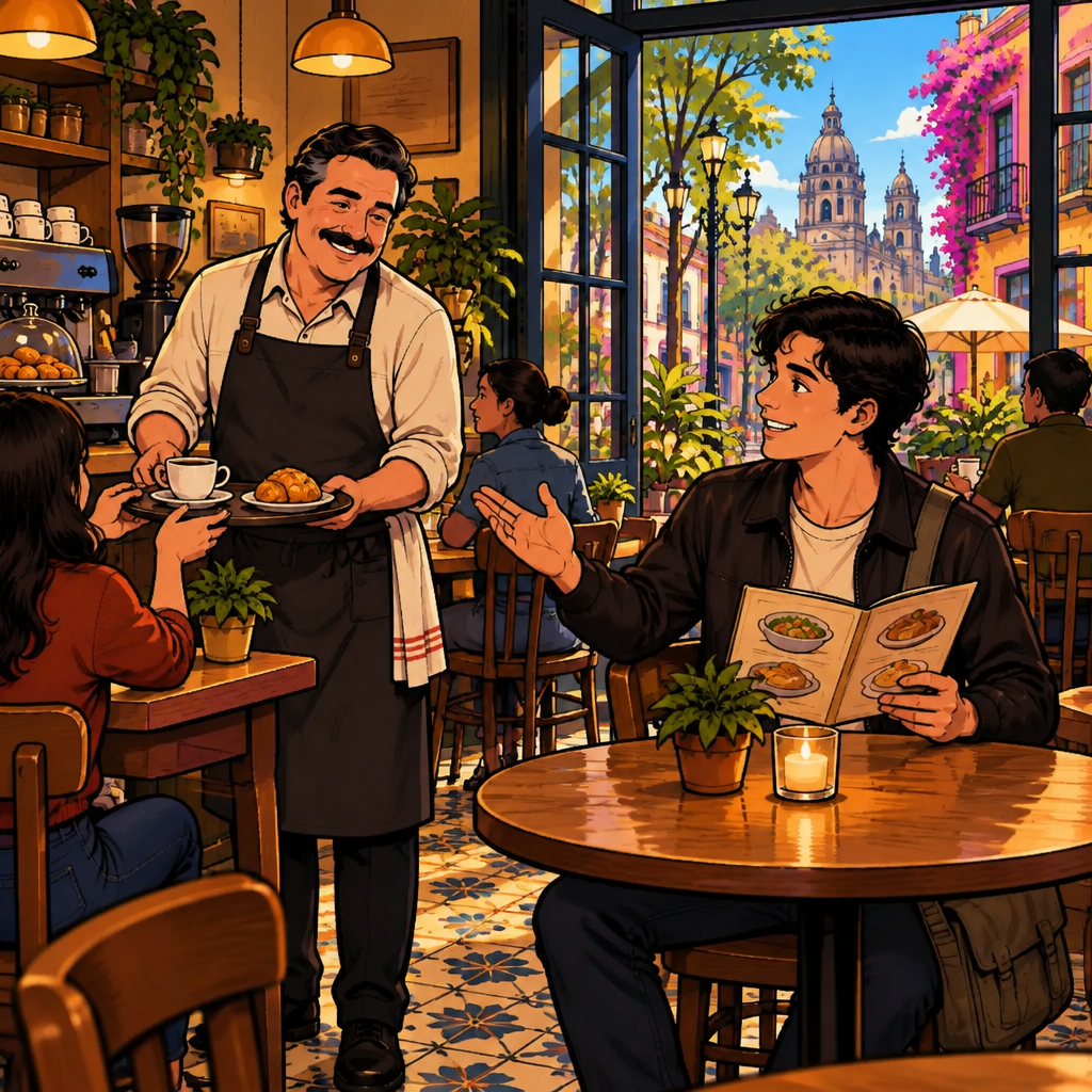 Justin lets Michael attend to the other customer first while keeping his menu ready.